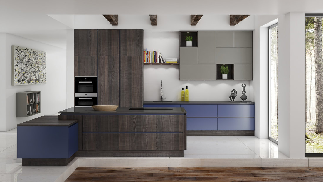 blue painted kitchen modern style with veneered oak
