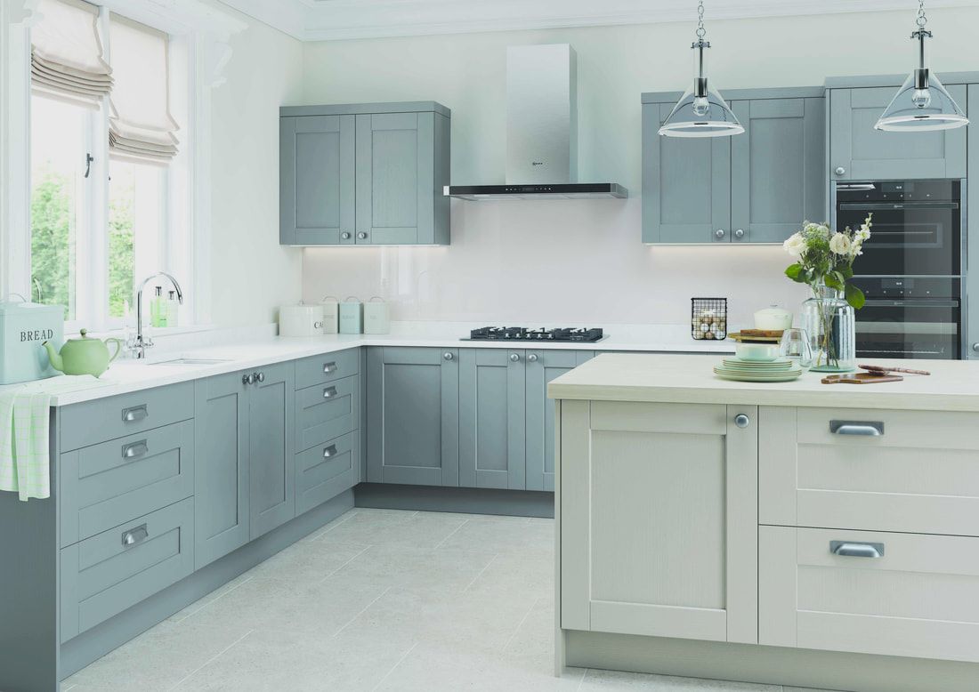 gray and blue shaker fitted kitchen